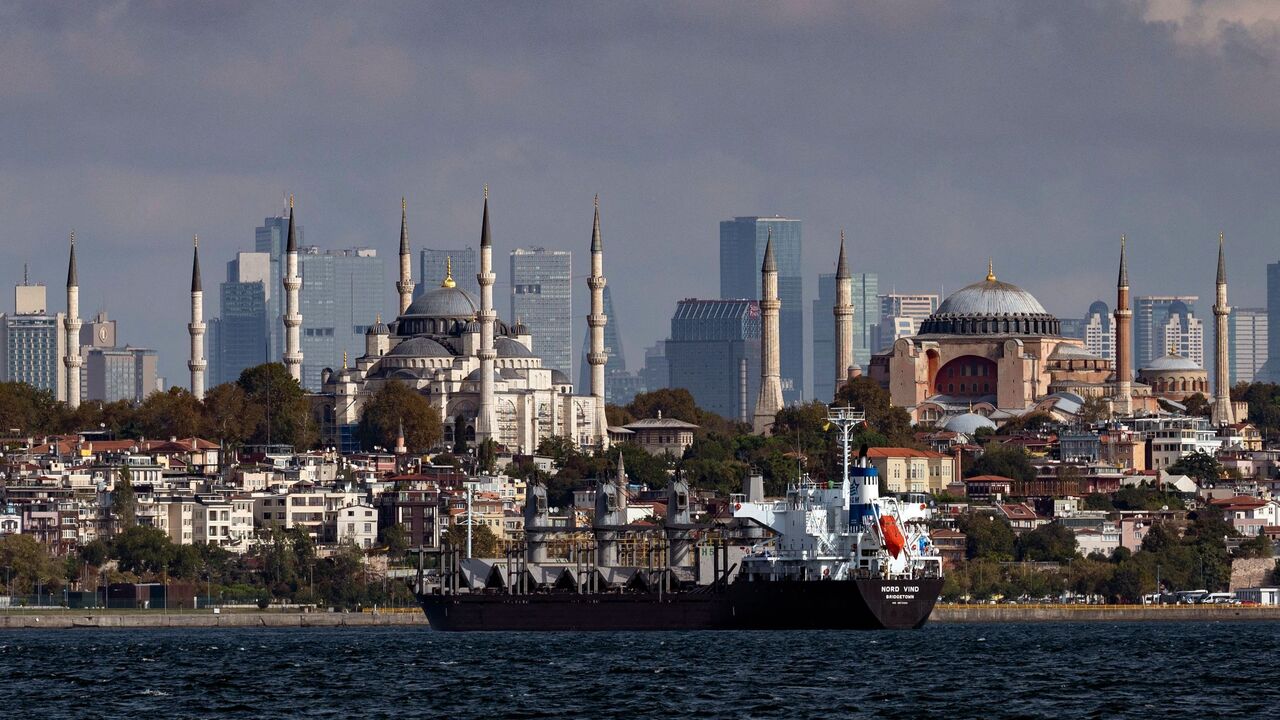 The Barbados-flagged ship "Nord Vind" coming from Ukraine loaded with grain is anchored for inspection in Istanbul, on Oct. 11, 2022. 