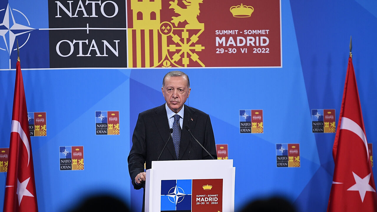 MADRID, SPAIN - JUNE 30: Recep Tayyip Erdogan, Turkish President holds his press conference at the NATO Summit on June 30, 2022 in Madrid, Spain. During the summit in Madrid, on June 30 NATO leaders will make the historic decision whether to increase the number of high-readiness troops above 300,000 to face the Russian threat. (Photo by Denis Doyle/Getty Images)