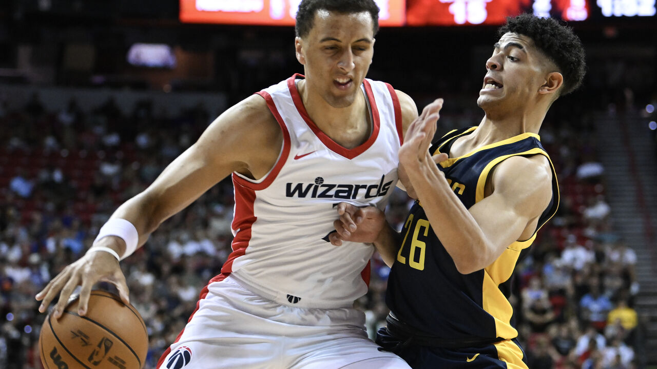 Patrick Baldwin #7 of Washington Wizards is defended by Ben Sheppard #26 of Indiana Pacers during the first quarter of a 2023 NBA Summer League game at the Thomas & Mack Center on July 08, 2023 in Las Vegas, Nevada. NOTE TO USER: User expressly acknowledges and agrees that, by downloading and or using this photograph, User is consenting to the terms and conditions of the Getty Images License Agreement. (Photo by Candice Ward/Getty Images)