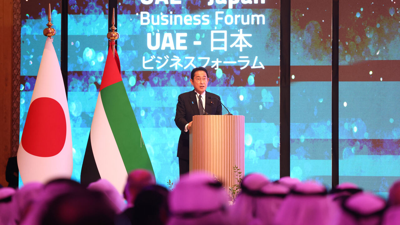 Japan's Prime Minister Fumio Kishida speaks during the UAE - Japan Business Forum in Abu Dhabi on July 17, 2023. (Photo by KARIM SAHIB / AFP) (Photo by KARIM SAHIB/AFP via Getty Images)