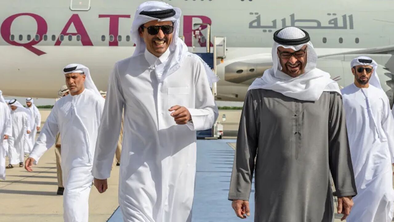UAE President Sheikh Mohammed bin Zayed receives Qatar’s Emir Sheikh Tamim bin Hamad Al Thani in Abu Dhabi.