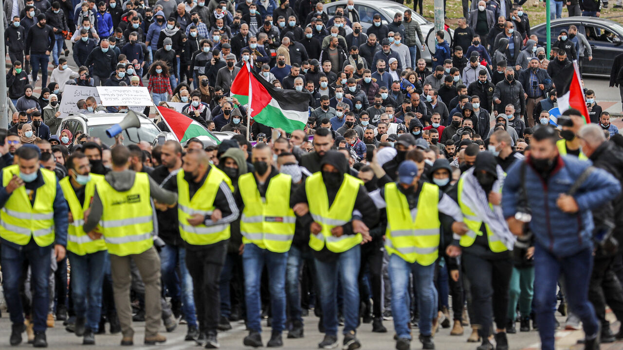 Arab Israelis demonstrate against organized crime and calling on the Israeli police to stop a wave of intra-communal violence, Umm al-Fahm, March 12, 2021.