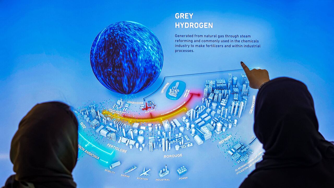 Female delegates view an infographic on grey hydrogen, produced from natural gas, at the UAE pavilion during the COP27 climate conference at the Sharm el-Sheikh International Convention Centre, in Egypt's Red Sea resort city of the same name, on November 9, 2022. (Photo by Fayez Nureldine / AFP) (Photo by FAYEZ NURELDINE/AFP via Getty Images)