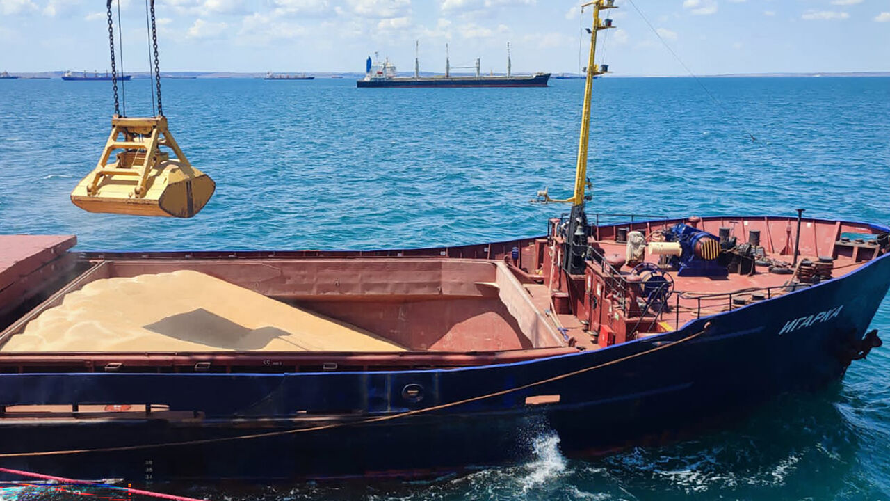 Grain is loaded aboard a cargo ship at the Azov Sea Port, Rostov region, on July 22, 2023. On July 21, 2023, Russia said that it understood the concerns African nations may have after Moscow left the Ukrainian grain deal, promising to ensure deliveries to countries in need. (Photo by STRINGER / AFP) (Photo by STRINGER/AFP via Getty Images)