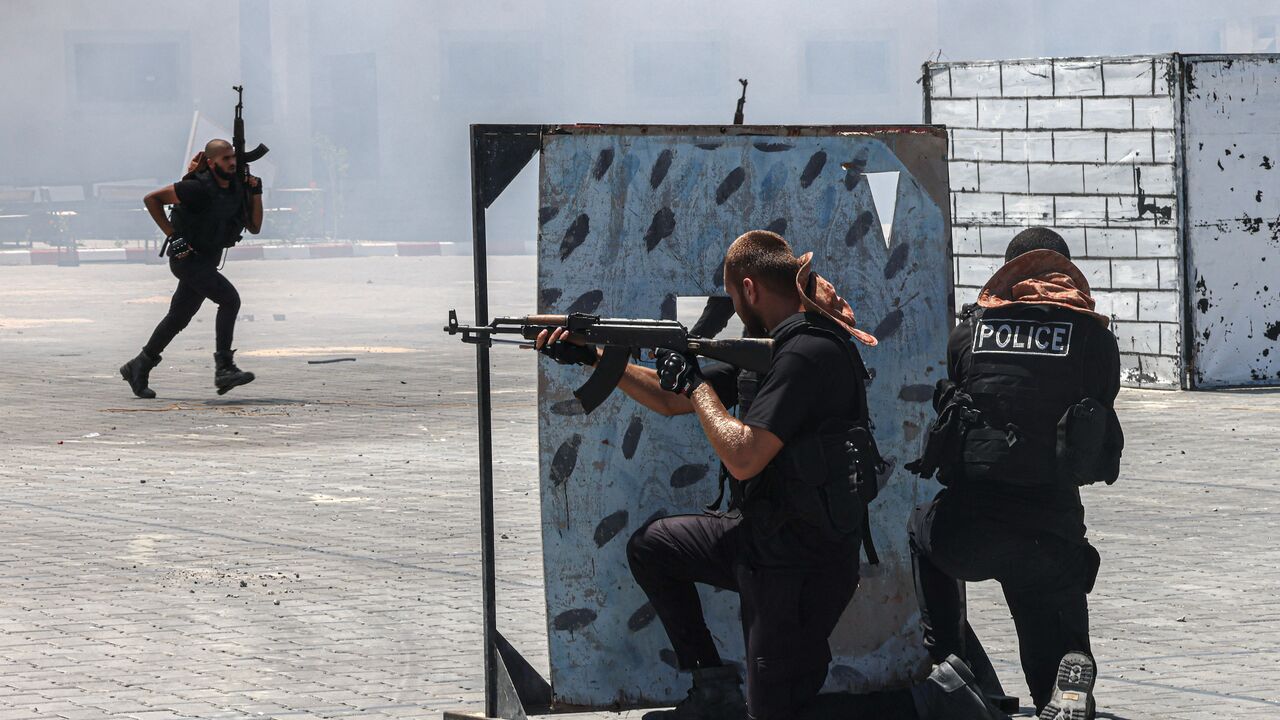 Members of a police academy run by the Palestinian Hamas movement, take part in a training session in the town of Khan Yunis in the southern Gaza Strip on August 2, 2023. (Photo by SAID KHATIB / AFP) (Photo by SAID KHATIB/AFP via Getty Images)