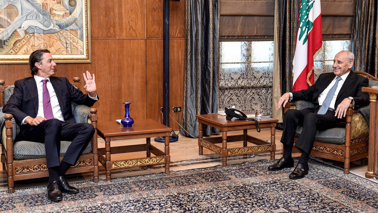 Lebanon's parliament speaker, Nabih Berri (R), receives Amos Hochstein, the US special presidential coordinator for global infrastructure and energy security, Beirut, August 30, 2023.