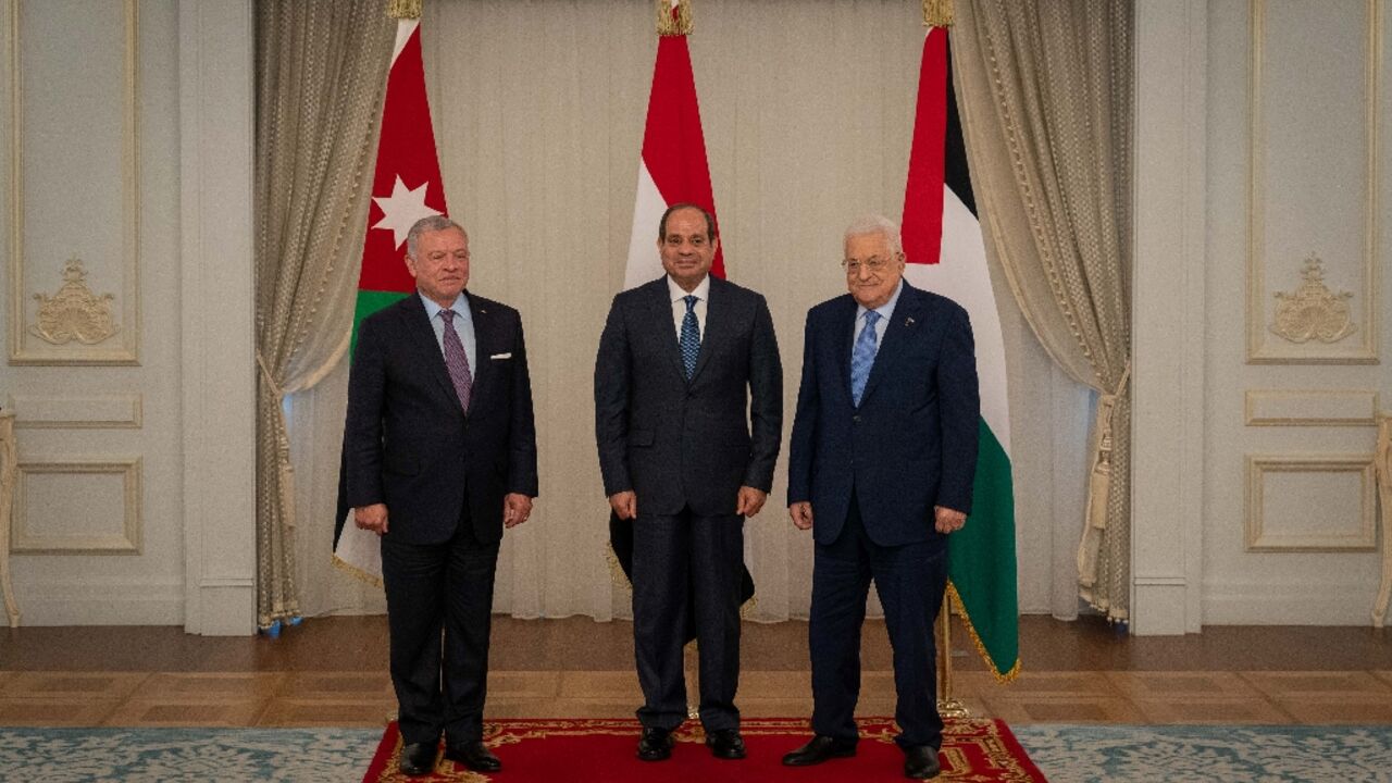 Egyptian President Abdel Fattah al-Sisi and his Palestinian counterpart Mahmud Abbas and Jordan's King Abdullah II during a trilateral summit in El Alamein on Egypt's northern coast