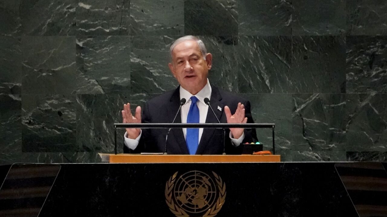 Israeli Prime Minister Benjamin Netanyahu addresses the 78th United Nations General Assembly Israeli Prime Minister Benjamin Netanyahu addresses the 78th United Nations General Assembly
