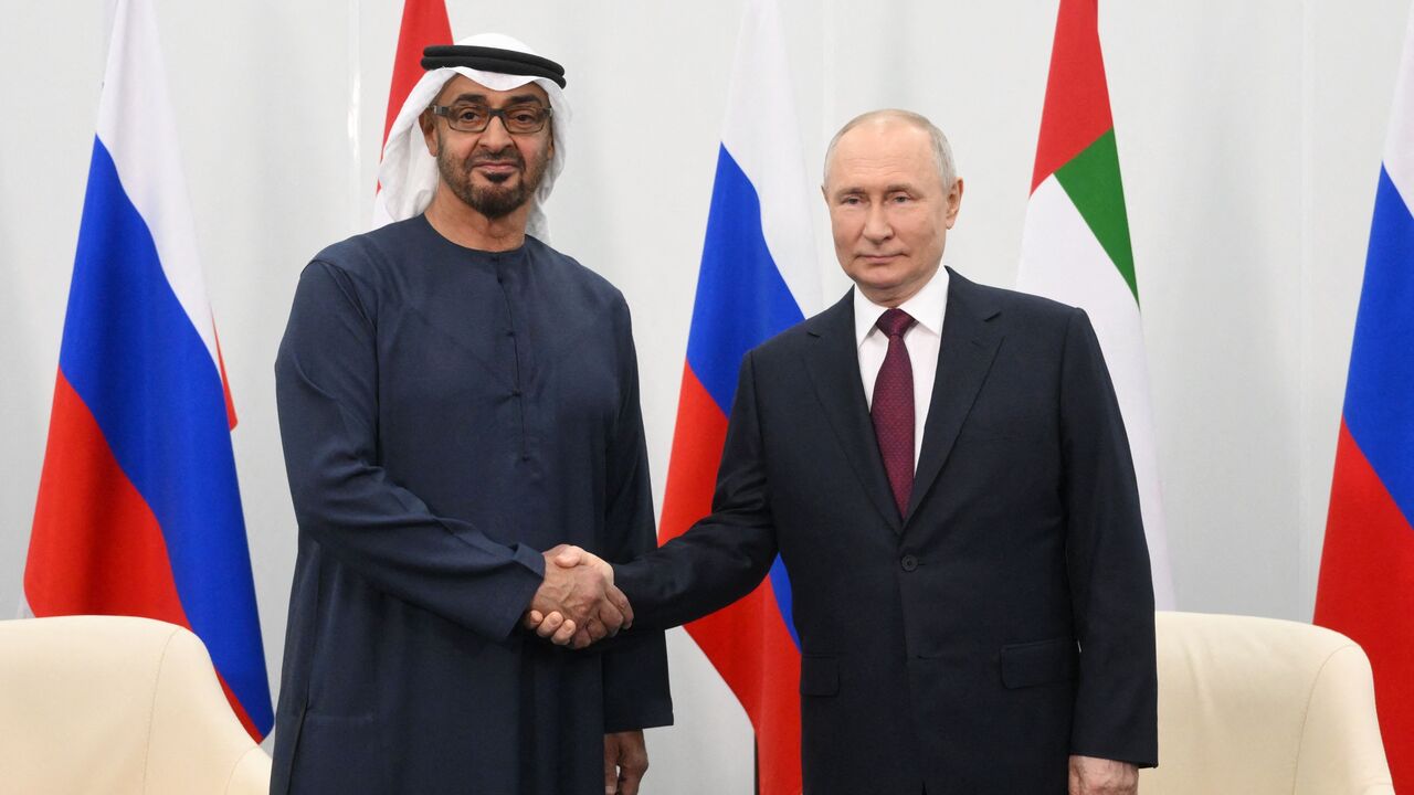 Russian President Vladimir Putin meets with UAE President Sheikh Mohamed bin Zayed al-Nahyan on the sidelines of the Saint Petersburg International Economic Forum (SPIEF) in Saint Petersburg on June 16, 2023. (Photo by Ilya PITALEV / SPUTNIK / AFP) (Photo by ILYA PITALEV/SPUTNIK/AFP via Getty Images)