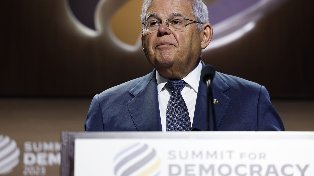 WASHINGTON, DC - MARCH 30: Sen. Robert Menendez (D-NJ) speaks during the Summit of Democracy 2023 on March 30, 2023 in Washington, DC. The theme for the final day of the summit encompassed "Advancing Technology for Democracy" and included speakers from the Department of Homeland Affairs and and representatives from intelligence agencies. (Photo by Anna Moneymaker/Getty Images)