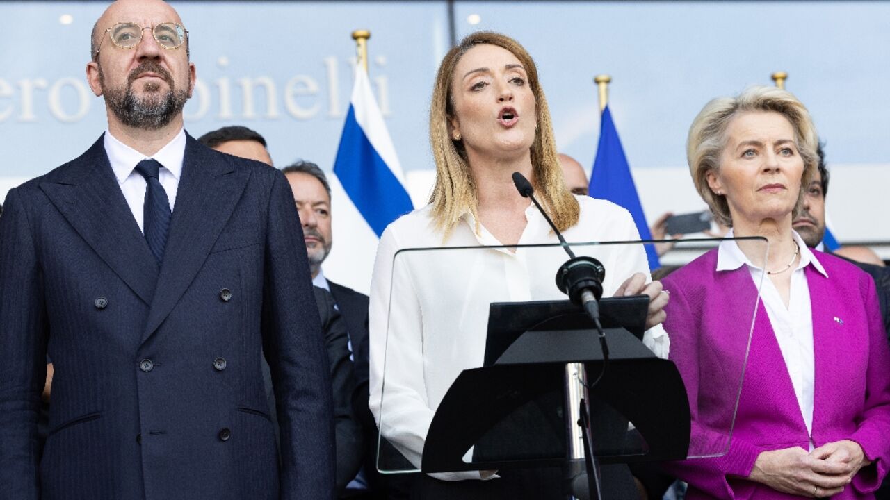 European Council President Charles Michel, European Parliament President Roberta Metsola and European Commission President Ursula Von der Leyen at the tribute to the victims of the Hamas-organized attacks in Israel European Council President Charles Michel, European Parliament President Roberta Metsola and European Commission President Ursula Von der Leyen at the tribute to the victims of the Hamas-organized attacks in Israel