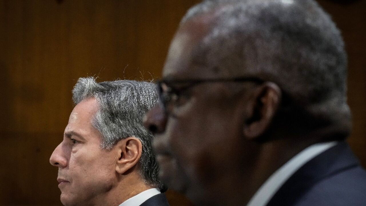 US Secretary of State Antony Blinken (R) and Defense Secretary Lloyd Austin testify during a Senate hearing in Washington, DC on October 31, 2023