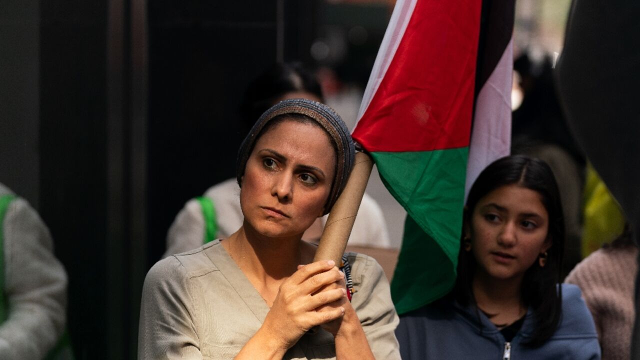 Pro-Palestinian demonstarors at a street protest against Israel in New York October 9 2023