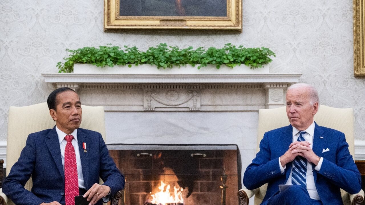 US President Joe Biden meets with Indonesian President Joko Widodo in the Oval Office of the White House