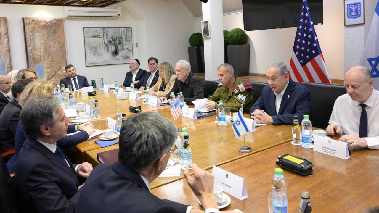 Israeli Prime Minister Benjamin Netanyahu speaks at a war cabinet meetting attended by US Secretary of State Antony Blinken, 2nd from left, in Tel Aviv, Nov. 3, 2023.