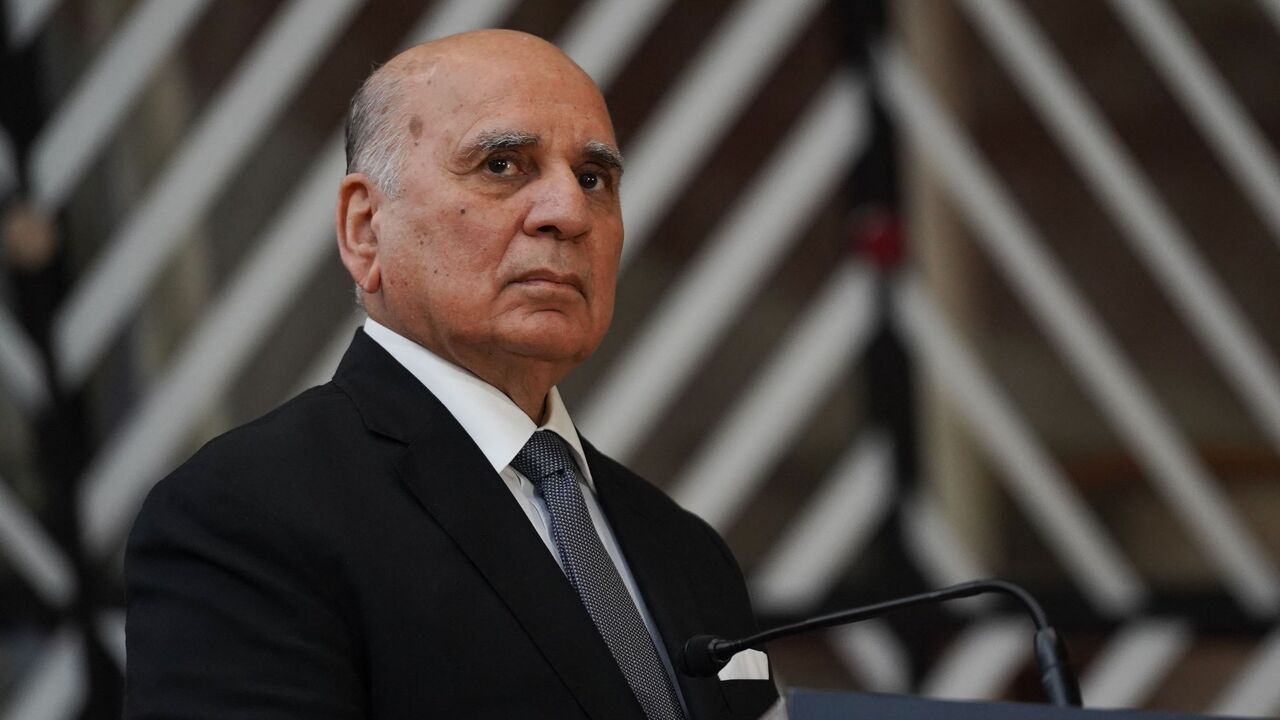 Iraqi Foreign Minister Fuad Hussein talks to the press during a EU-Iraq Cooperation Council, at the European Council Building in Brussels on March 19, 2023. 