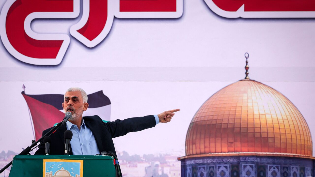 Yahia al-Sinwar (C), the Gaza Strip chief of the Palestinian Islamist Hamas movement, addresses supporters during a rally marking Al-Quds (Jerusalem) Day, a commemoration in support of the Palestinian people celebrated annually on the last Friday of the Muslim fasting month of Ramadan, in Gaza City, on April 14, 2023. (Photo by Mohammed ABED / AFP) (Photo by MOHAMMED ABED/AFP via Getty Images)