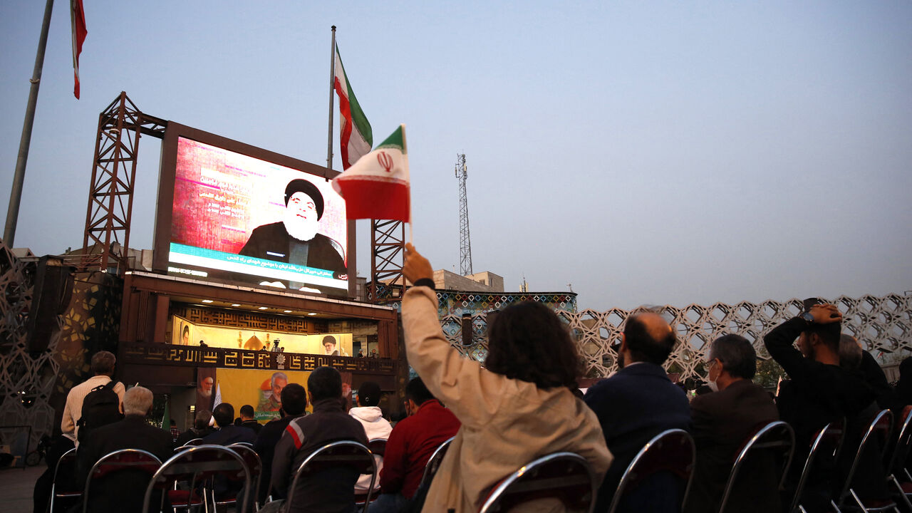 People gather in the Imam Hussein square in Tehran, during the televised speech of Lebanese Hezbollah chief Hassan Nasrallah November 3, 2023. Nasrallah told the United States on November 3, that his Iran-backed group was ready to face its warships and the way to prevent a regional war was to halt the attacks in Gaza. (Photo by AFP) (Photo by -/AFP via Getty Images)