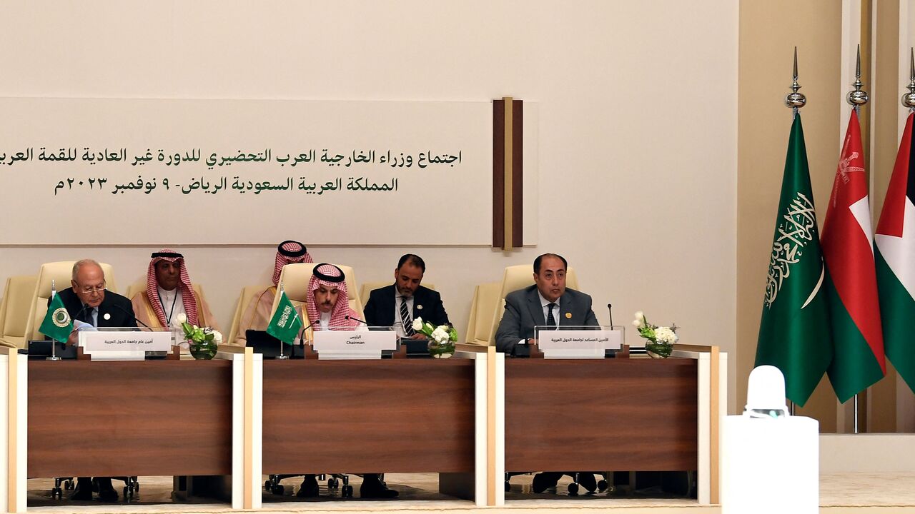 AUDI-ARAB-OIC-ISRAEL-PALESTINIAN-CONFLICT Arab Secretary-General Ahmed Aboul Gheit (L), Saudi Foreign Minister and session chair Prince Faisal bin Farhan (C), and assistant Secretary-General of the Arab League Hossam Zaki (R) attend a preparatory meeting with the Arab foreign ministers ahead of the extra-ordinary Arab League summit in Riyadh on November 9, 2023.