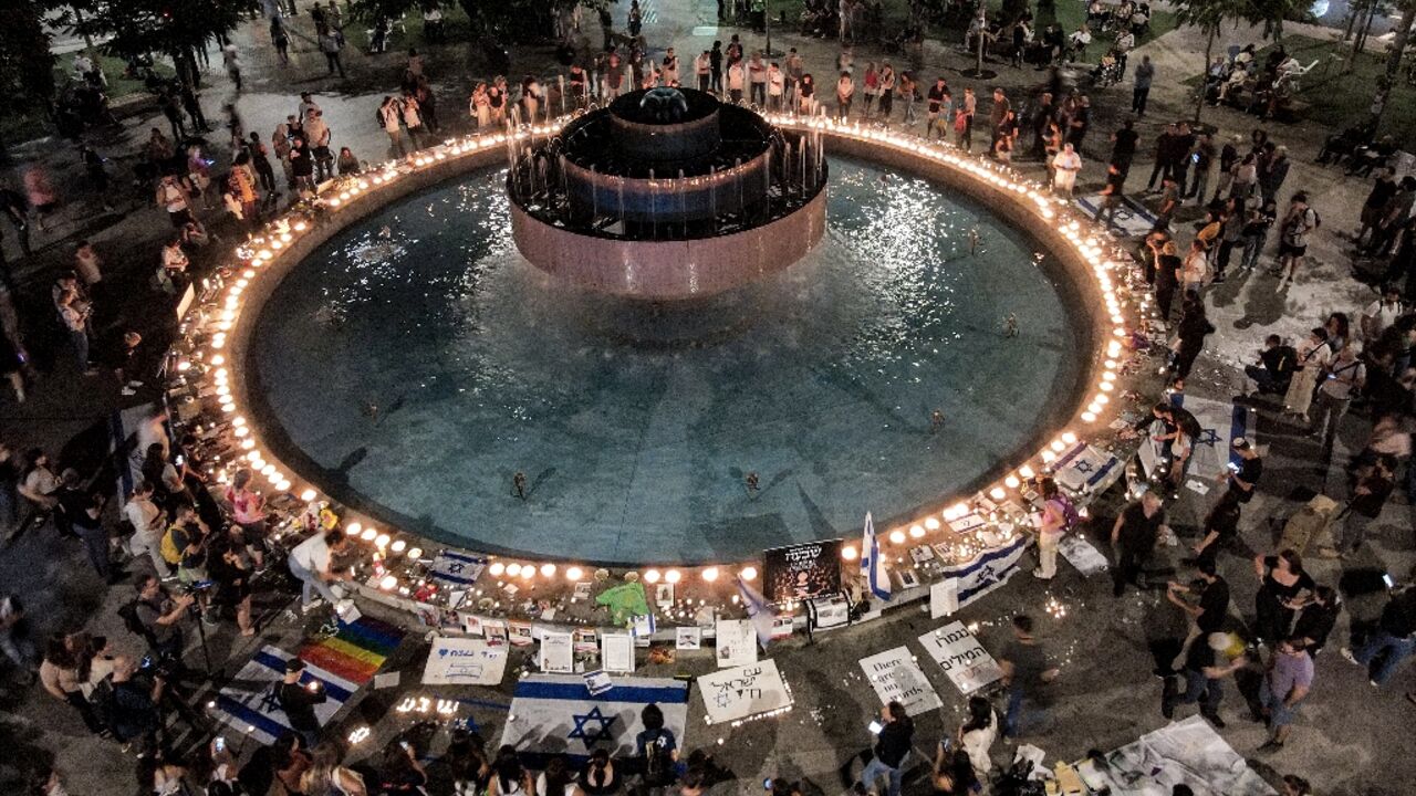 A candle-lit vigil for the hostages at Dizengoff Square in central Tel Aviv