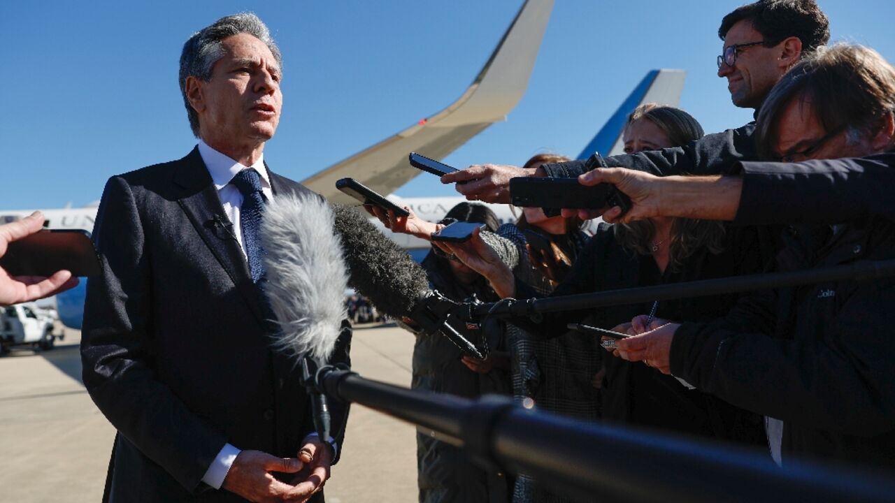US Secretary of State Antony Blinken talks to reporters prior to boarding his aircraft at Joint Base Andrews on his way to the Middle East and Asia US Secretary of State Antony Blinken talks to reporters prior to boarding his aircraft at Joint Base Andrews on his way to the Middle East and Asia