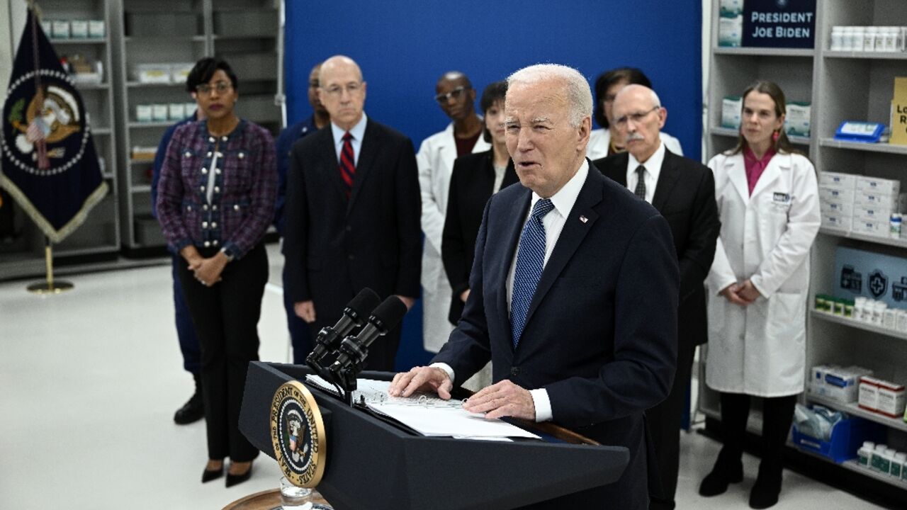 US President Joe Biden speaks about lowering prescription drug costs at the National Institutes of Health in Bethesda, Maryland US President Joe Biden speaks about lowering prescription drug costs at the National Institutes of Health in Bethesda, Maryland