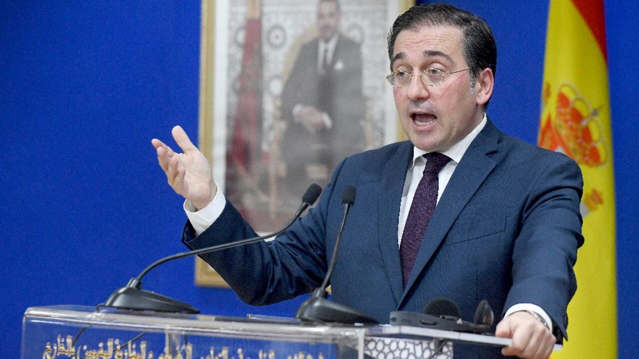 Visiting Spanish Foreign Minister Jose Manuel Albares addresses a press conference in the Moroccan capital Rabat Visiting Spanish Foreign Minister Jose Manuel Albares addresses a press conference in the Moroccan capital Rabat