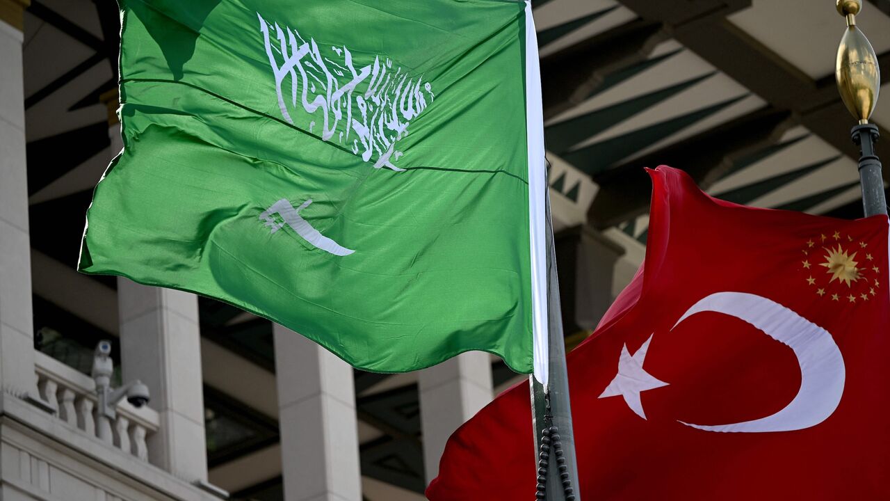 Saudi Arabia and Turkey's national flags flutter outside the presidential complex in Ankara prior to the arrival of the Saudi crown prince to Ankara, June 22, 2022.