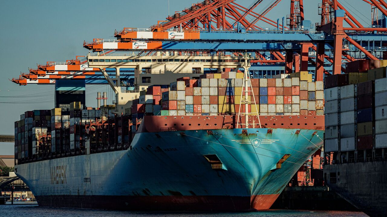 The Container ship Maersk Bratan" is discharged at the terminals of HHLA (Hamburg Port Logistics Inc) in Hamburg on June 22, 2022.