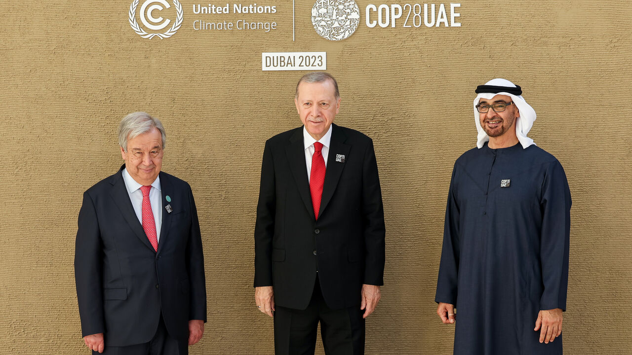 António Guterres, United Nations Secretary-General, Recep Tayyip Erdogan, President of the Republic of Türkiye and His Highness Mohamed bin Zayed Al Nahyan, President of the United Arab Emirates and Ruler of Abu Dhabi during the UN Climate Change Conference COP28 at Expo City Dubai on Dec. 1, 2023 in Dubai, United Arab Emirates.