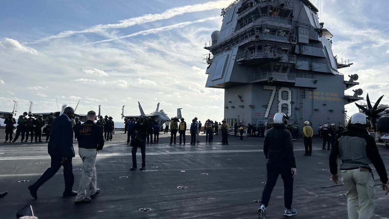Defense Secretary Lloyd Austin visits the USS Gerald Ford in the eastern Mediterranean on Dec. 20, 2023.
