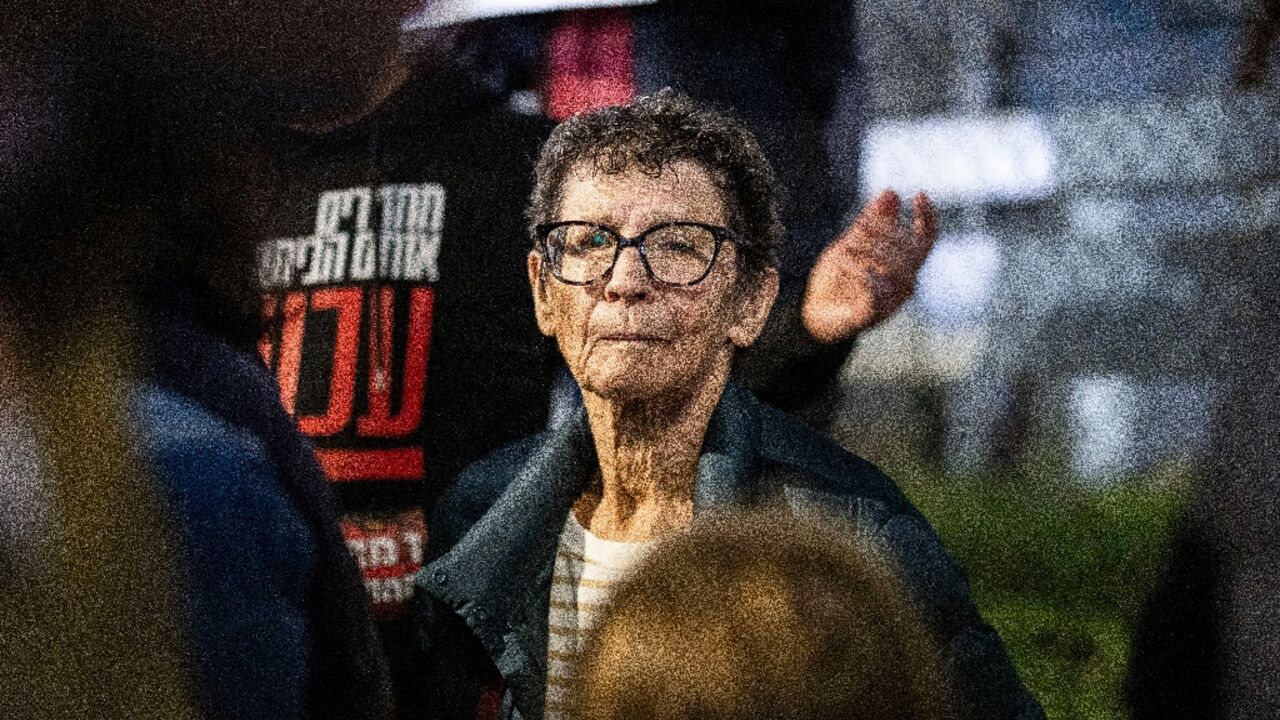 Freed Israeli hostage Yocheved Lifshitz, 85, takes part in a protest outside the defence ministry in Tel Aviv earlier this week