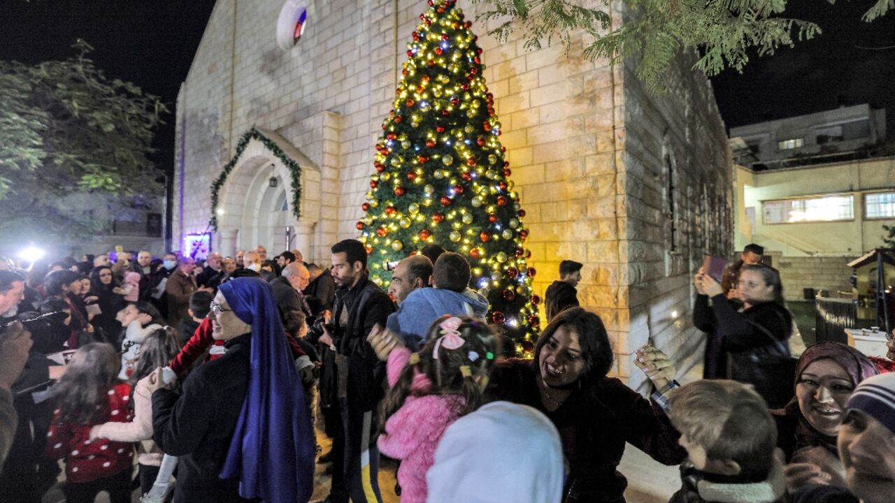 Seen here in the runup to Christmas 2021, the Church of the Holy Family is the Gaza Strip's only Roman Catholic church and has been sheltering displaced Christian families since the Israel-Hamas war erupted in October Seen here in the runup to Christmas 2021, the Church of the Holy Family is the Gaza Strip's only Roman Catholic church and has been sheltering displaced Christian families since the Israel-Hamas war erupted in October
