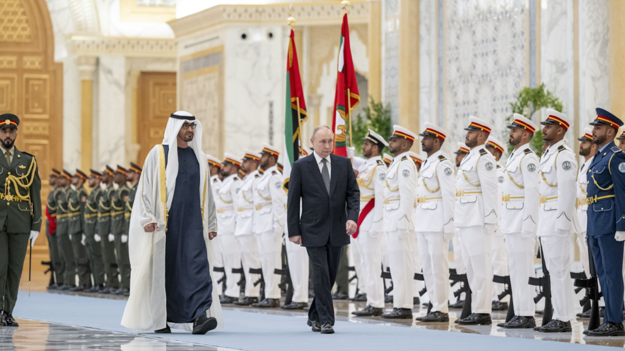 Russia's President Vladimir Putin and President of the United Arab Emirates Sheikh Mohamed bin Zayed Al Nahyan attend a welcoming ceremony ahead of their talks in Abu Dhabi on Dec. 6, 2023.