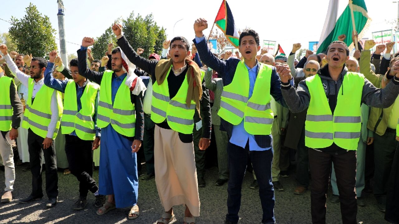 Yemenis wave Palestinian flags as they chant anti-Israel and anti-US slogans during a protest in solidarity with the Palestinian people in the Huthi-controlled capital Sanaa Yemenis wave Palestinian flags as they chant anti-Israel and anti-US slogans during a protest in solidarity with the Palestinian people in the Huthi-controlled capital Sanaa