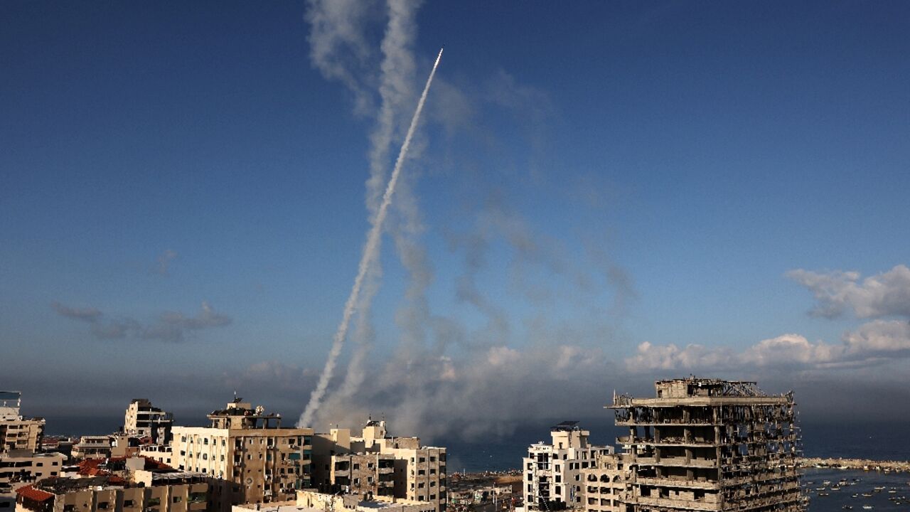 Rockets are fired from Gaza City towards Israel on October 7, 2023