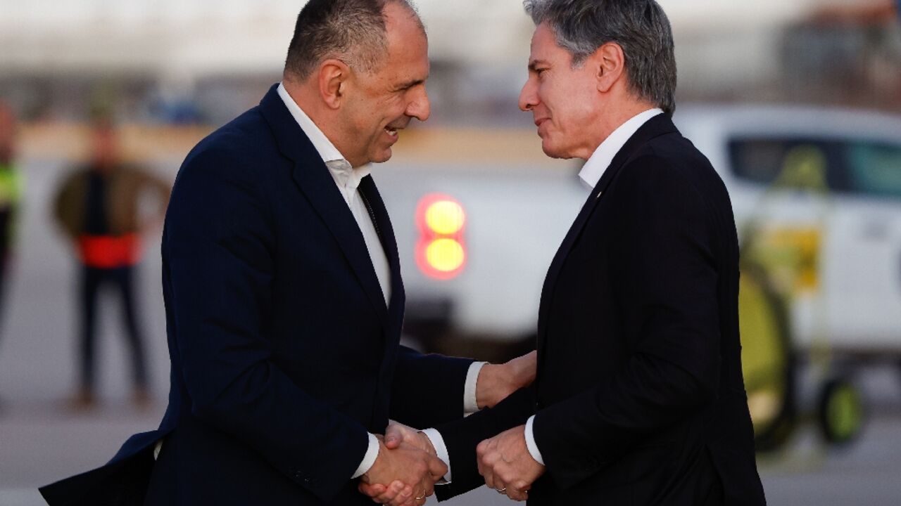 Greek Foreign Minister Giorgos Gerapetritis, left, greeted US Secretary of State Antony Blinken upon his arrival in Crete Greek Foreign Minister Giorgos Gerapetritis, left, greeted US Secretary of State Antony Blinken upon his arrival in Crete