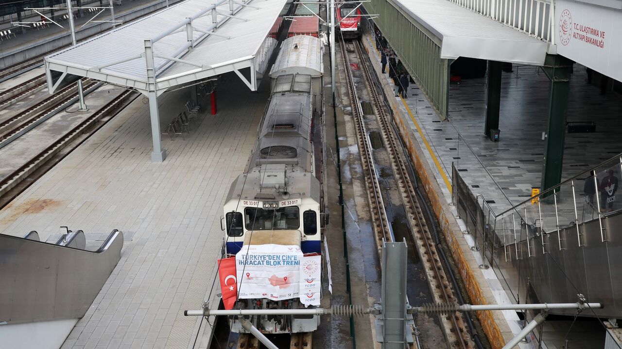 An export train to Russia and China leaves Ankara station, Jan. 29, 2021. 