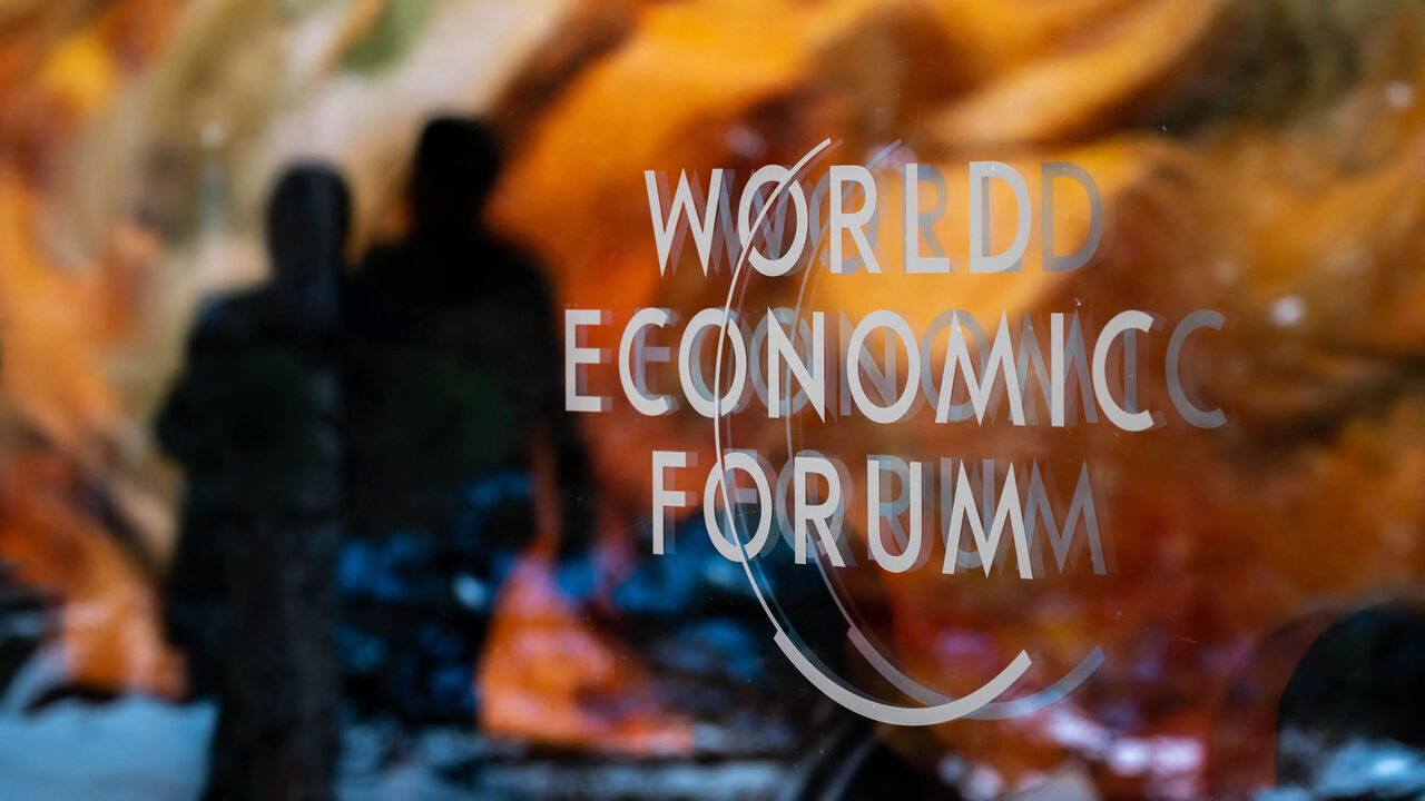 A sign is seen at the congress center during the World Economic Forum annual meeting in Davos, Switzerland, Jan. 18, 2023.