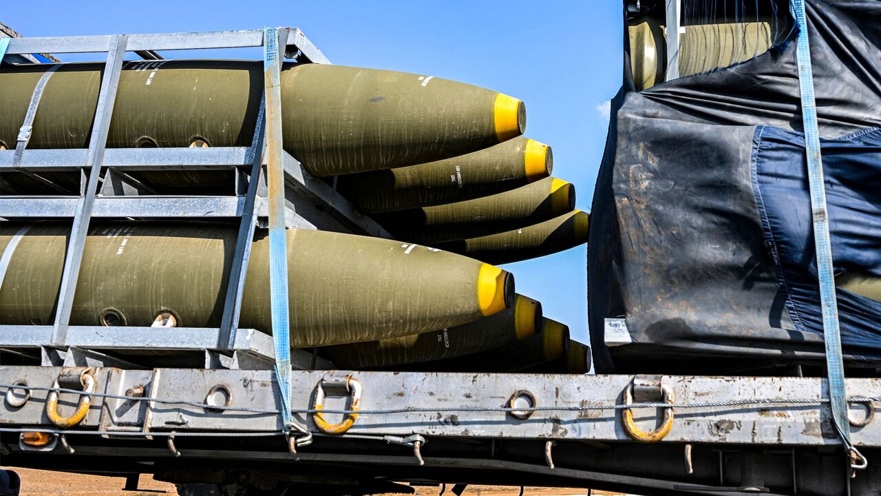 A shipment of 155mm artillery shells used by the Israeli army is transported on a truck along a highway between the Jerusalem and Beersheba in southern Israel on October 14, 2023. (Photo by Yuri CORTEZ / AFP) (Photo by YURI CORTEZ/AFP via Getty Images)