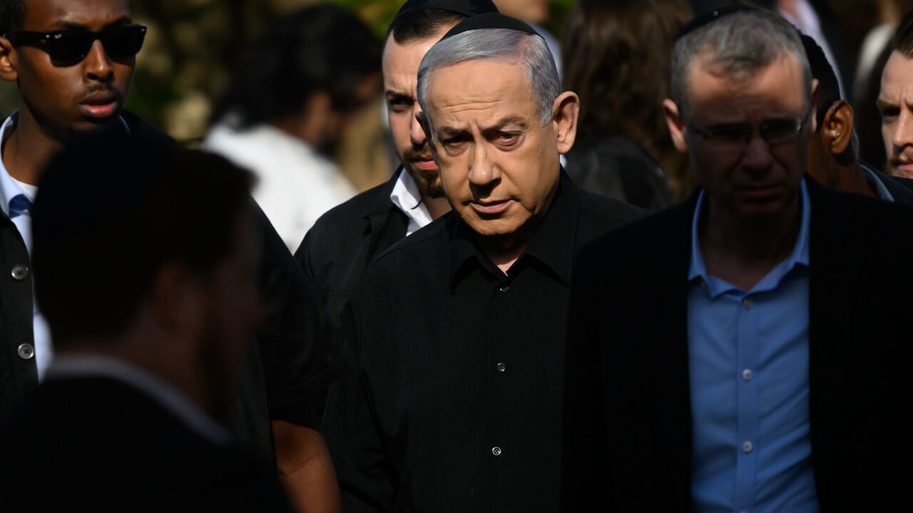Israeli Prime Minister Benjamin Netanyhu attends the funeral for First Sergeant Major Gal Meir Eisenkot in Herzliya, Dec. 8, 2023.