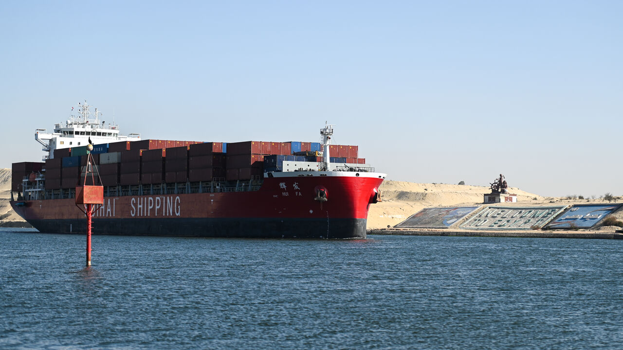 ISMAILIA, EGYPT - JANUARY 10: A ship transits the Suez Canal towards the Red Sea on January 10, 2024 in Ismailia, Egypt. In the wake of Israel's war on Gaza after the October 7 Hamas attack on Israel, Houthi rebels in Yemen pledged disruption on all ships destined for Israel through the Red Sea's Suez Canal. The disruption on world trade is evident in the number of companies using this container ship route - a 90 per cent decline compared to figures one year ago. (Photo by Sayed Hassan/Getty Images)