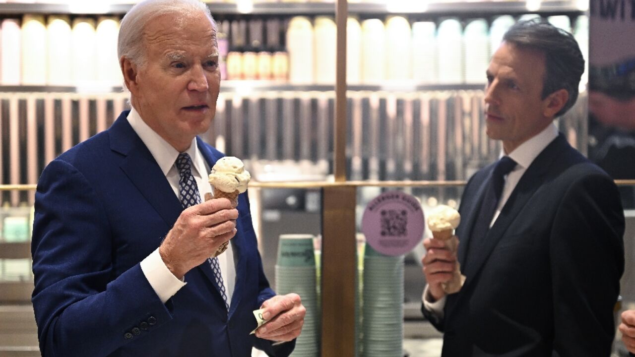 US President Joe Biden answered a question on Gaza as he visited a New York ice cream parlor after taping an interview with comic Seth Meyers US President Joe Biden answered a question on Gaza as he visited a New York ice cream parlor after taping an interview with comic Seth Meyers