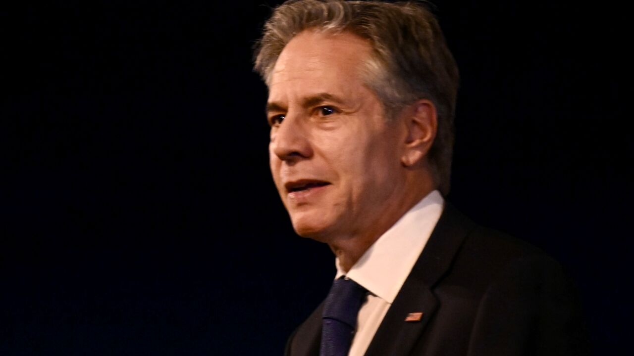 US Secretary of State Antony Blinken gestures on arrival at Brasilia Air Base on February 20, 2024, after landing for a three-day visit to the country