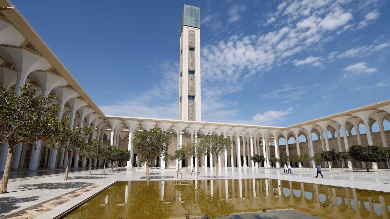 A picture taken on Aug. 25, 2022, shows the minaret and a courtyard at the Great Mosque of Algiers.