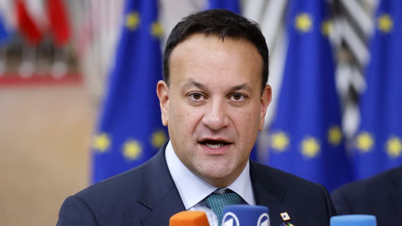 Ireland's prime minister, Leo Varadkar, talks to the press as he arrives for the second and last day of a European Union summit, at the EU headquarters in Brussels, on Oct. 27, 2023.