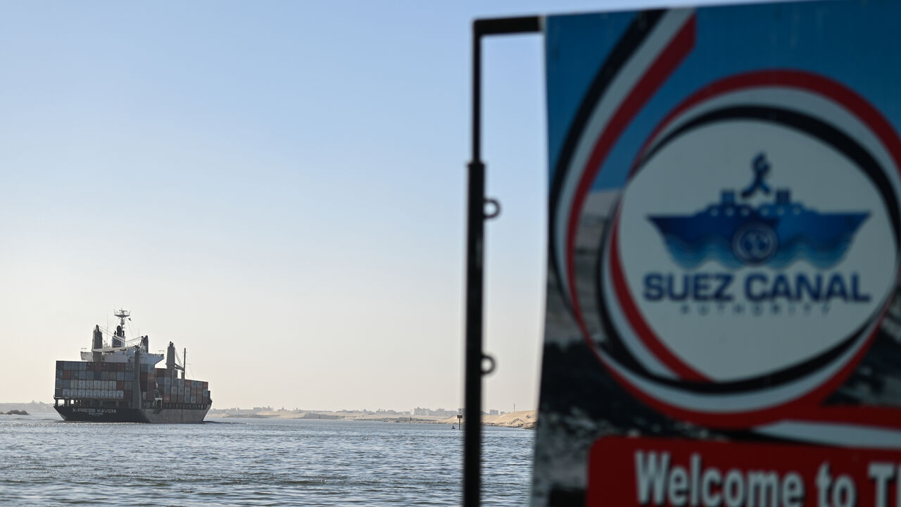 ISMAILIA, EGYPT - JANUARY 10: A ship transits the Suez Canal towards the Red Sea on January 10, 2024 in Ismailia, Egypt. In the wake of Israel's war on Gaza after the October 7 Hamas attack on Israel, Houthi rebels in Yemen pledged disruption on all ships destined for Israel through the Red Sea's Suez Canal. The disruption on world trade is evident in the number of companies using this container ship route - a 90 per cent decline compared to figures one year ago. (Photo by Sayed Hassan/Getty Images)