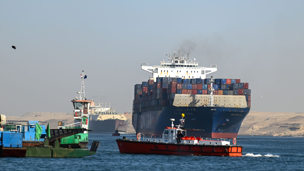 ISMAILIA, EGYPT - JANUARY 10: A ship transits the Suez Canal towards the Red Sea on January 10, 2024 in Ismailia, Egypt. In the wake of Israel's war on Gaza after the October 7 Hamas attack on Israel, Houthi rebels in Yemen pledged disruption on all ships destined for Israel through the Red Sea's Suez Canal. The disruption on world trade is evident in the number of companies using this container ship route - a 90 per cent decline compared to figures one year ago. (Photo by Sayed Hassan/Getty Images)