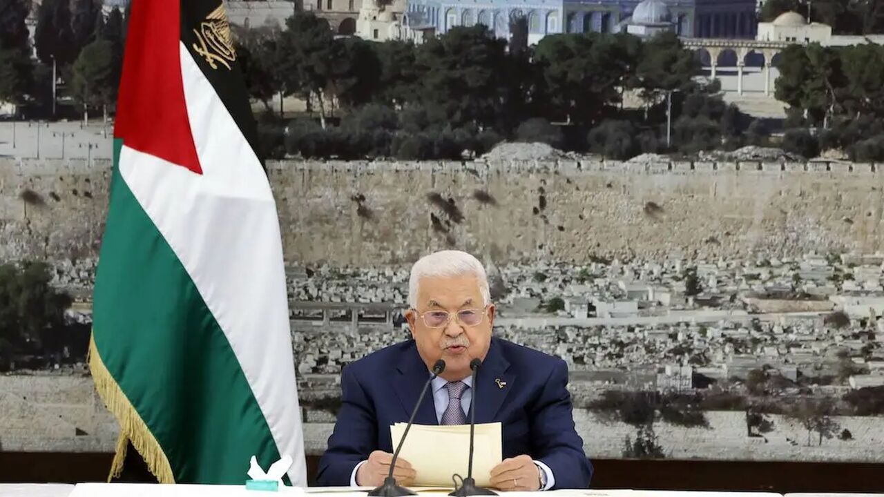Palestinian President Mahmoud Abbas speaks during a meeting of the Palestinian leadership at the presidential headquarters, Ramallah, on Dec. 2, 2023.