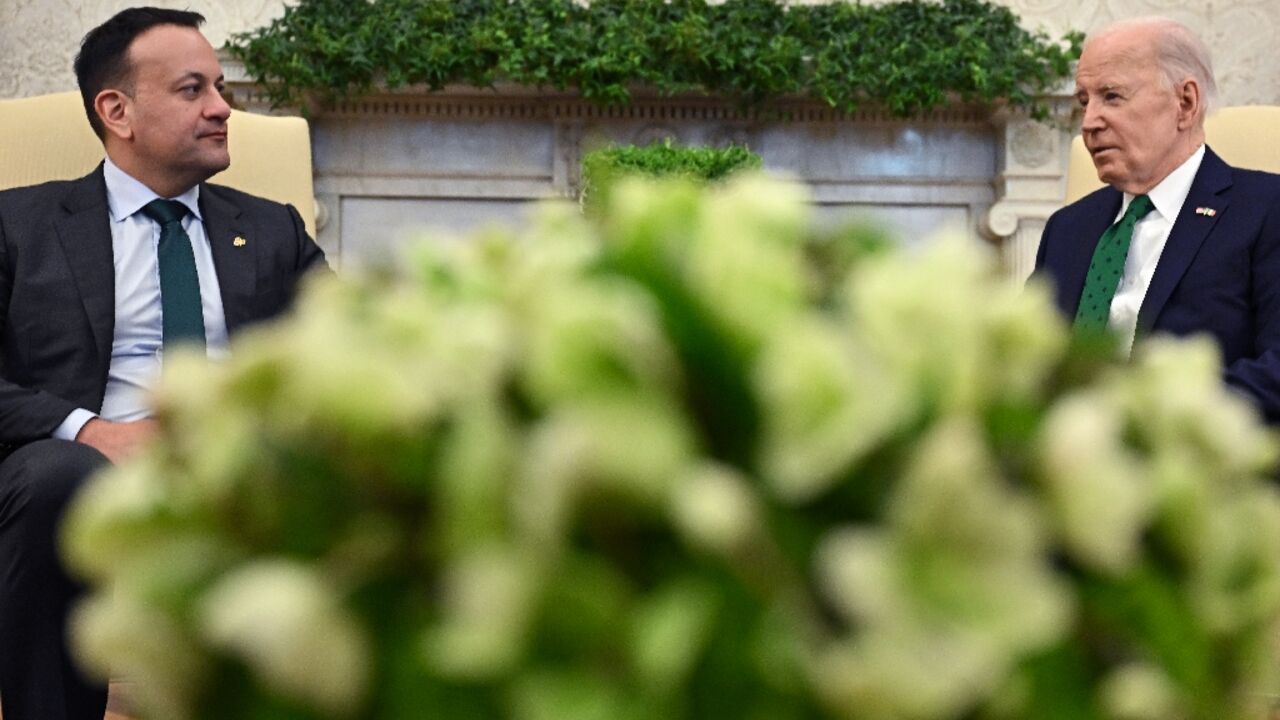 US President Joe Biden meets with Irish Taoiseach Leo Varadkar in the Oval Office ahead of the March 17 Saint Patrick's Day holiday